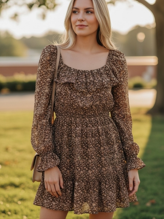 bohme Dresses & Skirts - Bohme Lotte Mini Brown & Tan Long Sleeve Dress Sz L